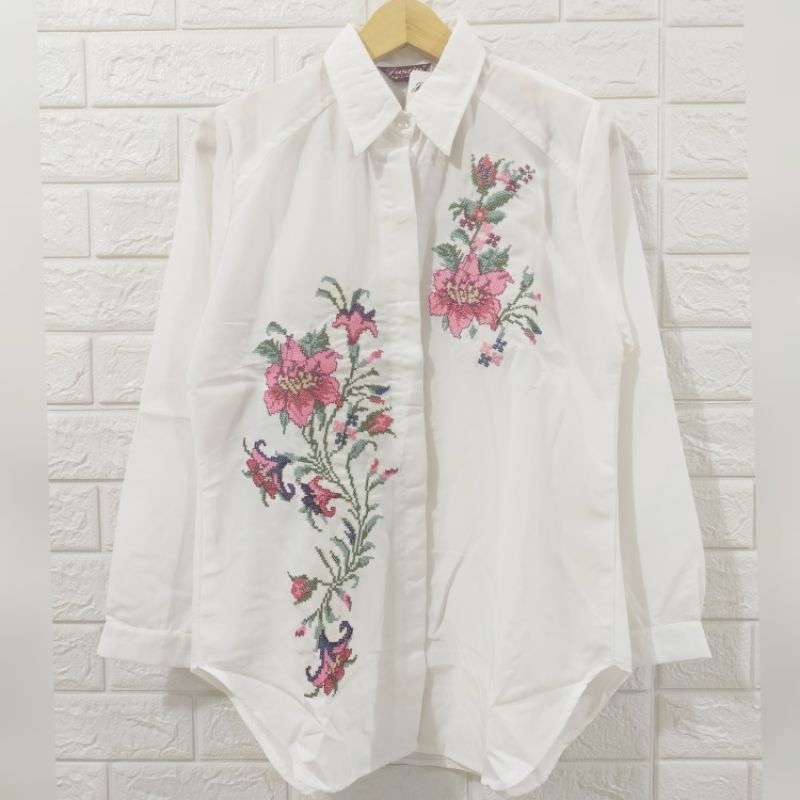 KEMEJA BORDIR BUNGA FASHION CEWEK KATUN PUTIH BORDIRAN IMPORT BKK FASHION WANITA BORDIR KOMPUTER SUL