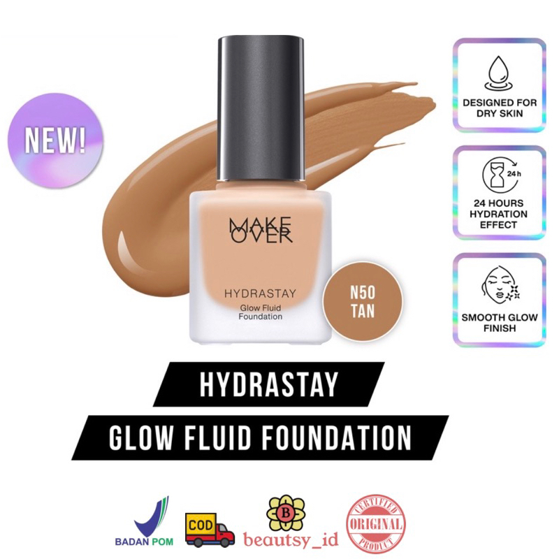 Make Over Hydrastay Glow Fluid Foundation N50 Tan 35ml Original BPOM COD