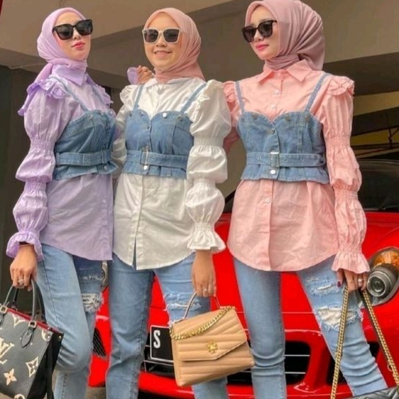 3131 ( Kemeja set VEST JEANS) Baju atasan kemeja lengan panjang kerut set outer rompi vest denim Kor
