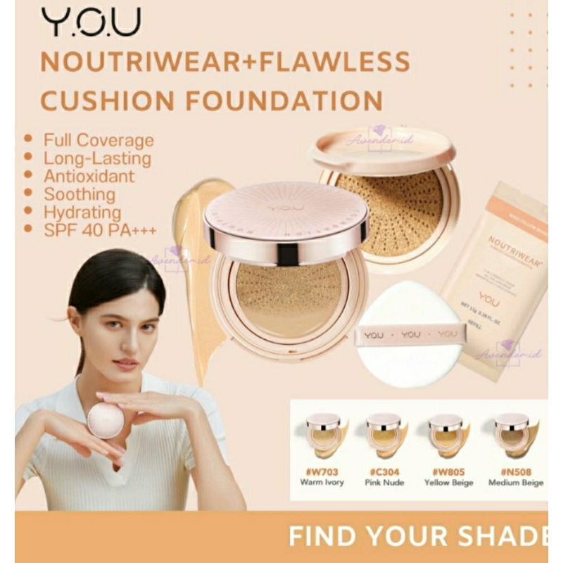 YOU Noutriwear+ Flawless Cushion Foundation Nourishing Poreless Full Coverage SPF 40 &amp; PA+++