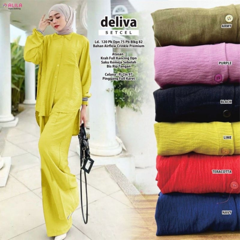 DELIVA SETCEL BY ALILA SETELAN ONE SET BLOUSE PANTS WANITA JUMBO CASUAL AIRFLOW CRINKLE PREMIUM LD 1