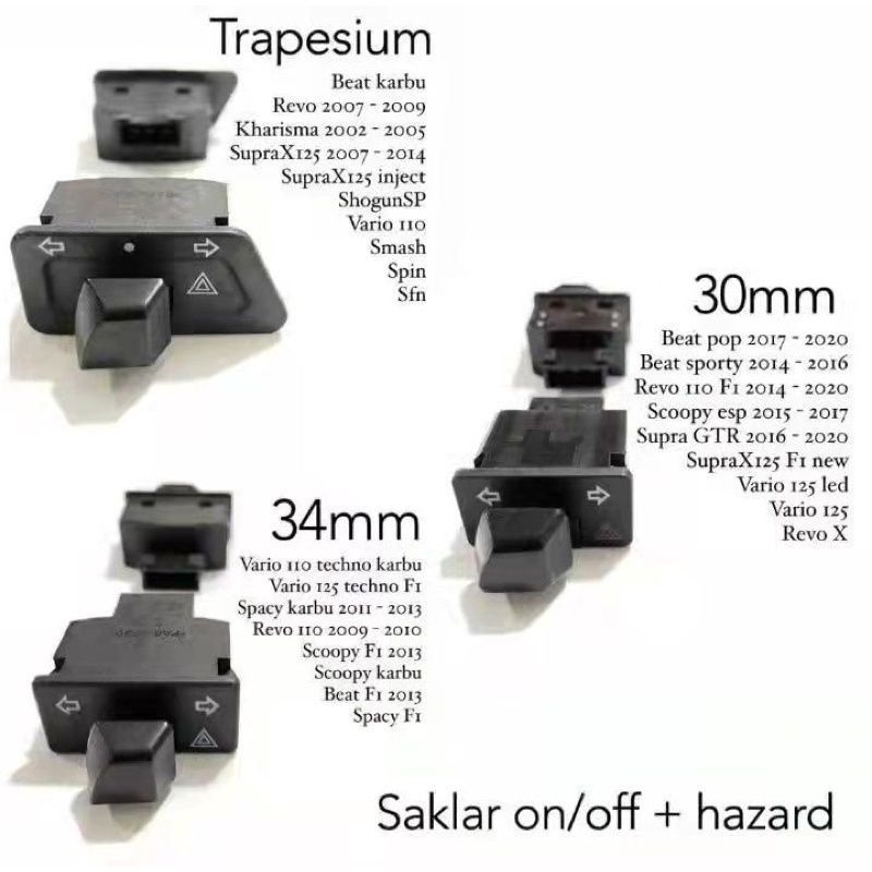 SAKLAR SEIN PLUS HAZARD LAMPU 34MM 30MM TRAPESIUM PNP MATIC SUPRA KHARISMA SPACY REVO