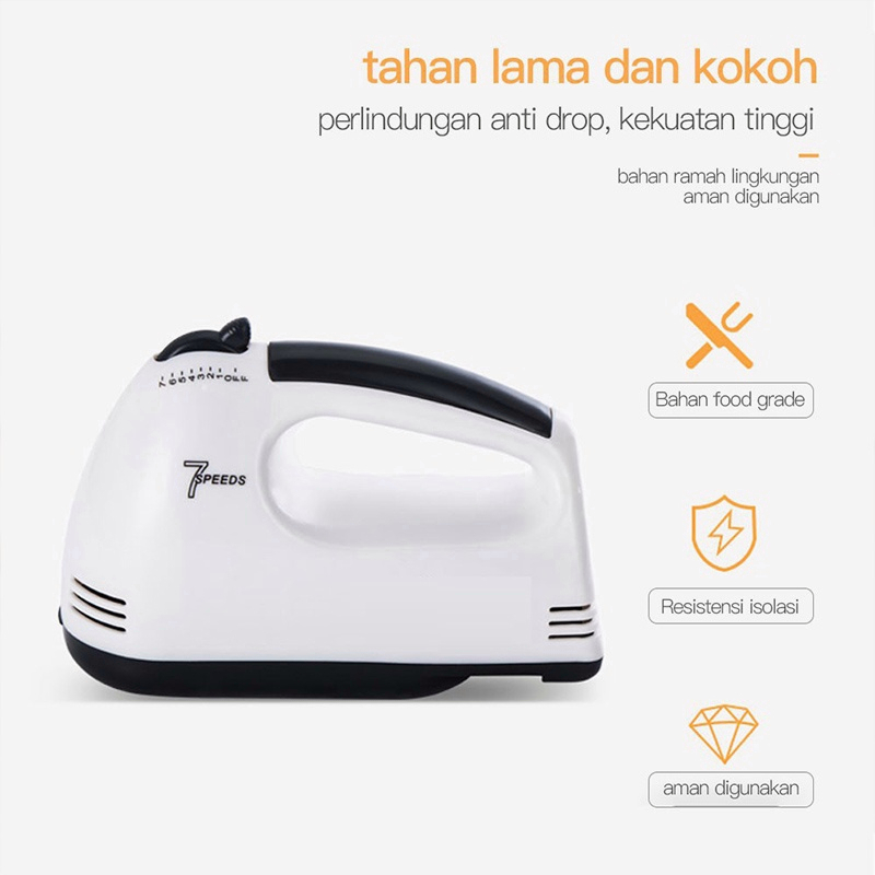 Hand Mixer 100W Pengocok Telur Pengaduk Stainless 7 Kecepatan Kocokan Adonan Telur Elektrik Serbaguna- Putih