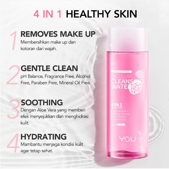 YOU Prebiotic-Infused Micellar Cleansing Water Indonesia / Pembersih Make Up 50ml 110ml / 4 IN 1 Removes Makeup Gentle Cleansing Skin Relieving Hydrates Skin / Soothing Hydrating Pelembab Remover Cleanser / Skincare Face Care / Y.O.U Series Bundle / Set