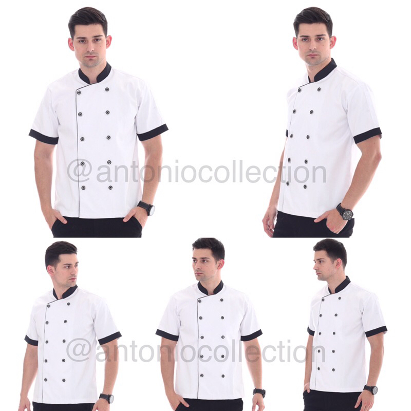 Baju Koki / Chef Jacket Putih Lis Hitam Lengan Pendek