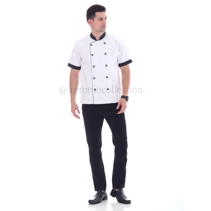 Baju Koki / Chef Jacket Putih Lis Hitam Lengan Pendek