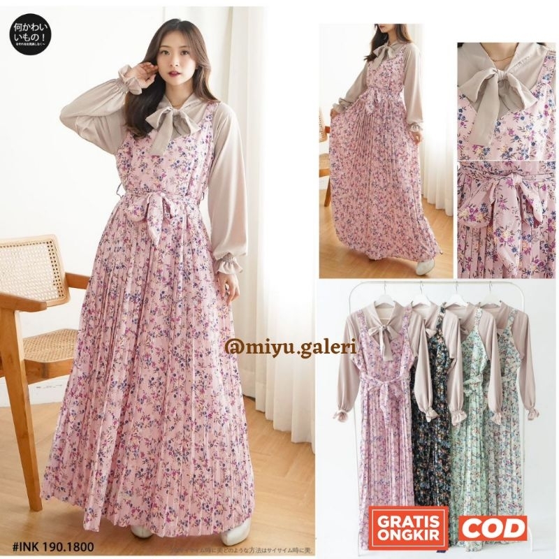 Korean Overall Dress Plisket Wolfis Hanami Premium Import Bellina Gamis Overall Plisket Wolfis Hanam