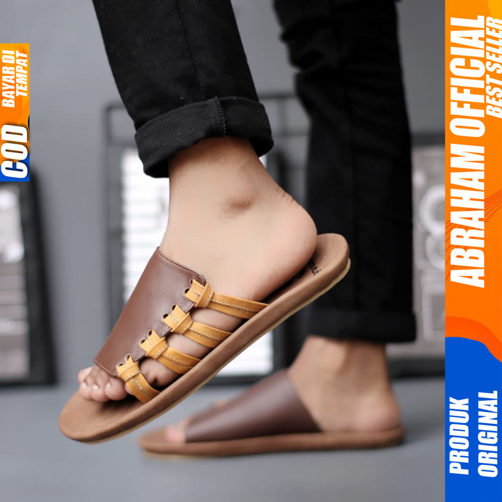 Sandal Slide Pria Kulit Asli Sendal Slop Original Abraham