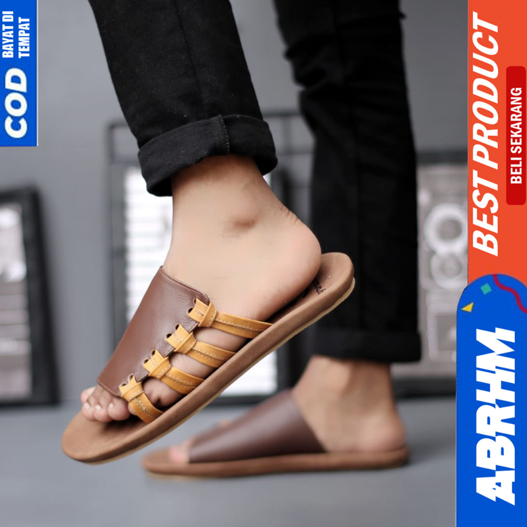 Sandal Slide Pria Sendal Selop Kulit Asli Original Abrhm