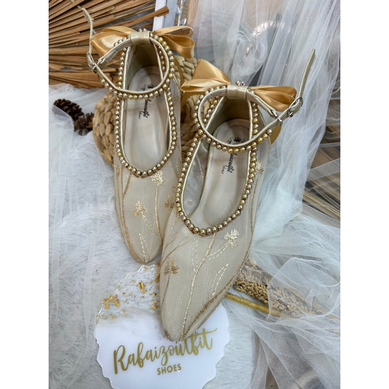 sepatu vanesha wanita cantik gold pita 3cm tahu