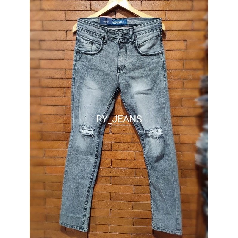 Jeans sobek lutut pria grey celana jeans abu pria streeth