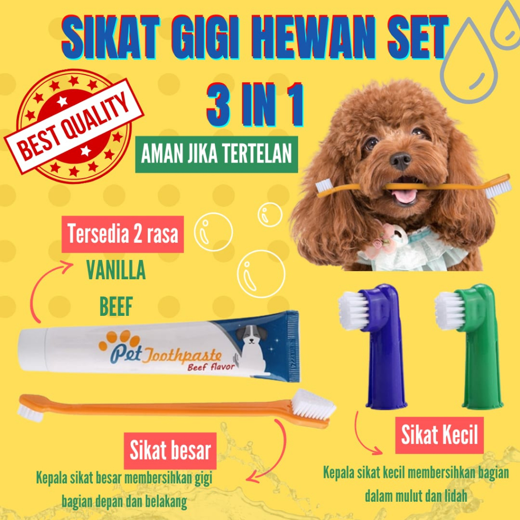 3in1 Set Sikat Gigi Dan Odol - Sikat Gigi Kucing Anjing - Satuset 3in1