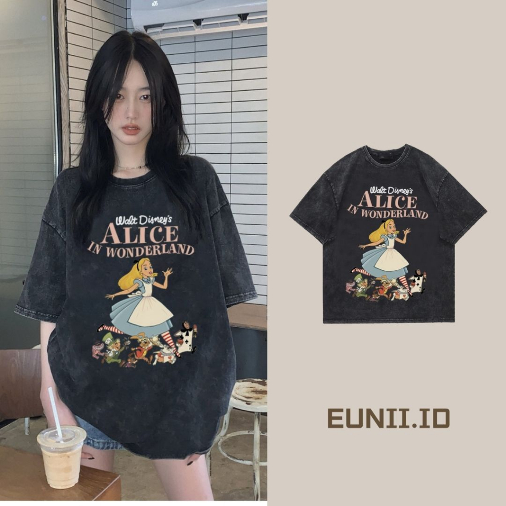 EUNII T-shirt Lengan Pendek Black Washed Retro Cartoon Alice In WonderlandPrinting Korean Style/Kaos Atasan Wanita/Baju Wanita/Kaos Wanita