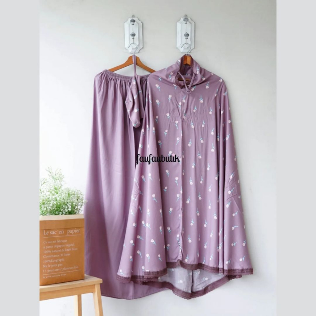 Mukena Selma Tulip Ungu pastel tali karet