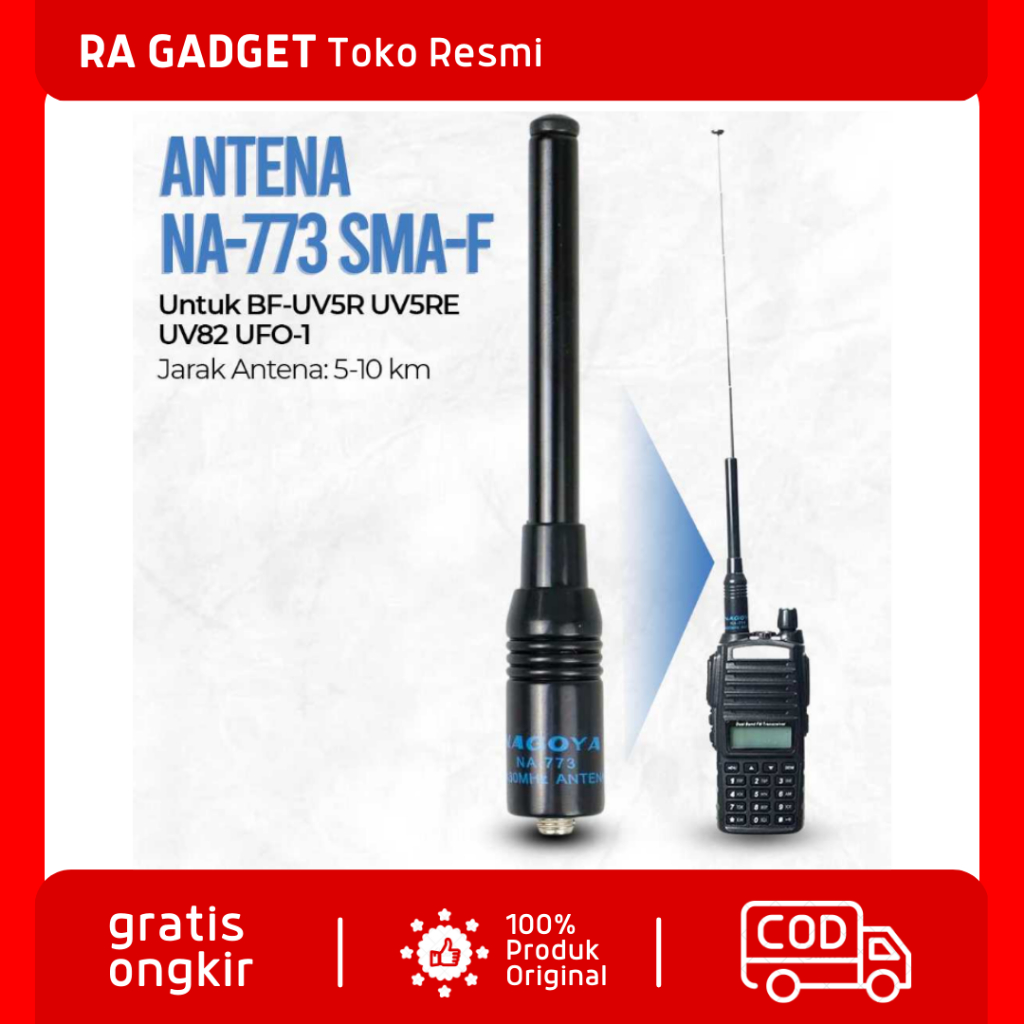 Antena NA-773 SMA-F for BF-UV5R UV5RE UV82 UFO-1 / Antena Antenna Tarik nagoya Ht Walki Talkie Handie Talkie Handy Talky Baofeng Pofung Jarak Jauh Dual Band External sma Male Female Famale Fleksibel Kecil Luar Rumah Outdoor Lidi Pecut Panjang Mini Super