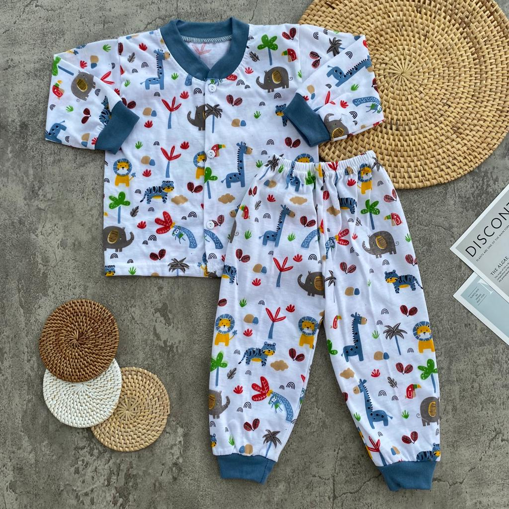 Setelan Baju Bayi Piyama Bayi Lengan Panjang Kancing Depan Motif Zoo Usia 3-12 Bulan Almeera Baby and Kids