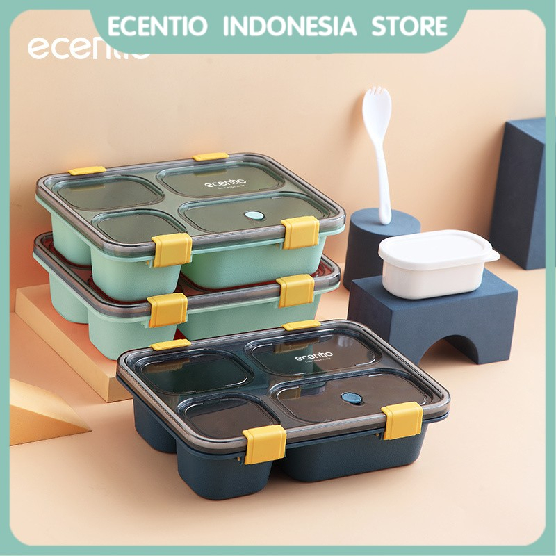 ecentio Kotak bento 4/3 Grid lunch box/disegel kotak makan/tempat makan dan sendok1400/850ml