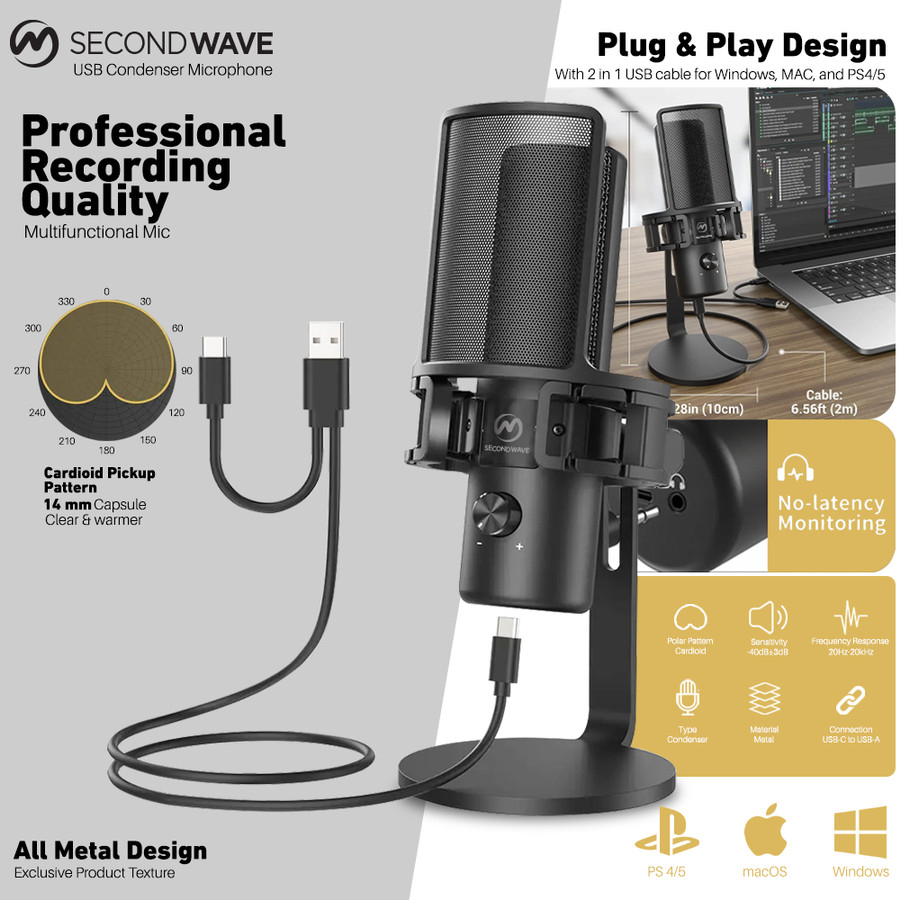 SECONDWAVE V1 Microphone Condenser For PC Recording Streaming Podcast