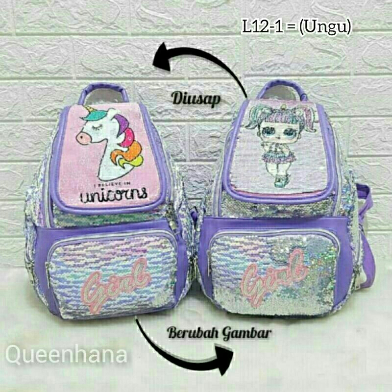 Tas Sequin Unicorn Tanduk / Tas Ransel Sequin Unicorn / Tas Ransel Anak Sekolah