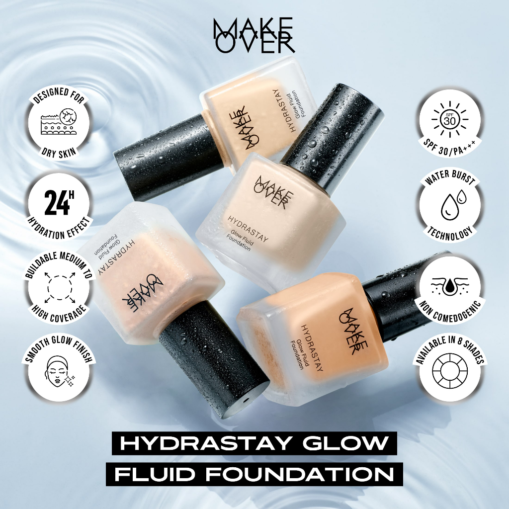 MAKE OVER Hydrastay Glow Fluid Foundation - Glow high coverage ringan poreless hydrating untuk makeup tahan lama non-comedogenic