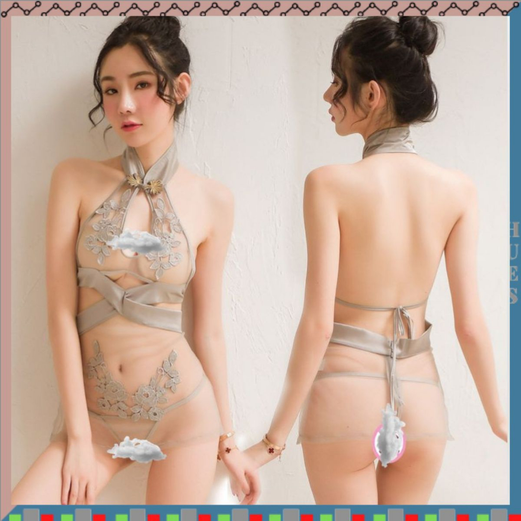 HUES.ID Set Lingerie + G String Kerah Bordir Bunga Tanpa Lengan Cheongsam 3103