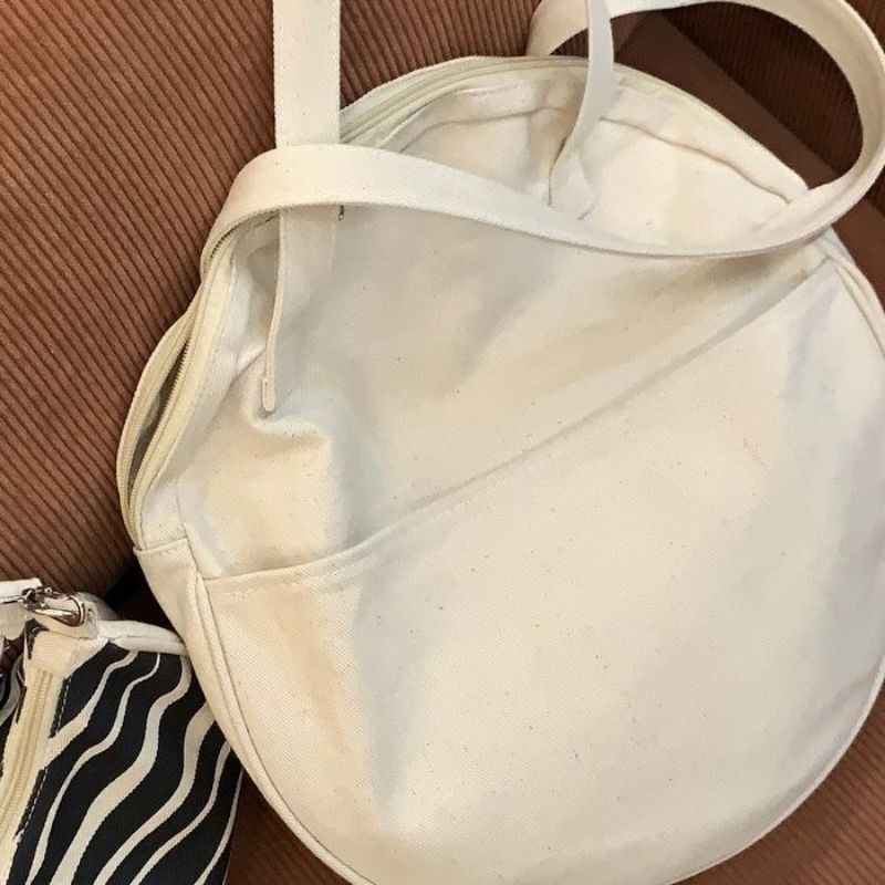 round bag - tas bulat kanvas resleting - tas tote bag wanita pria hitam beige mocca coffe