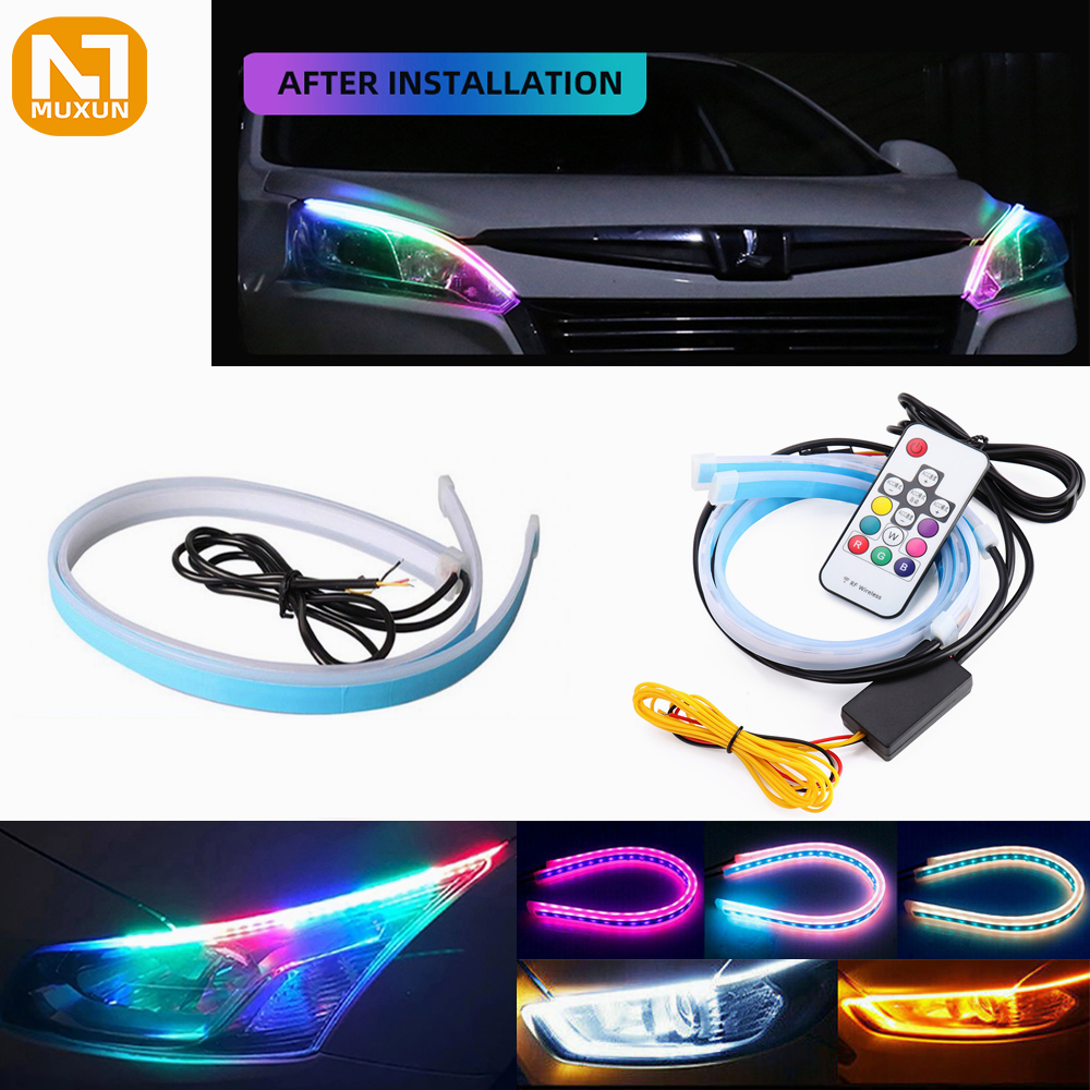 （Satu set =2 pcs dijual） Alis LED slim alis DRL fleksibel waterproof Transformasi warna-warni + kendali jarak jauh 12v 60cm 30cm 2 mode running motor mobil 2 MODE SEN RUNNING DAN SENJA