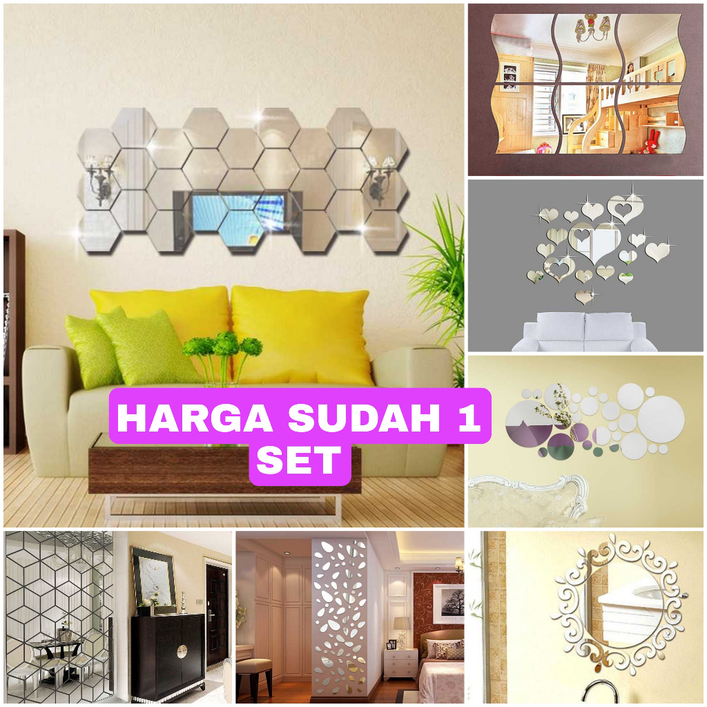 1 SET Cermin Hexagonal Dekorasi Dinding | Kaca Hexagonal | Cermin Aesthetic Dinding | Mirror Hexagon