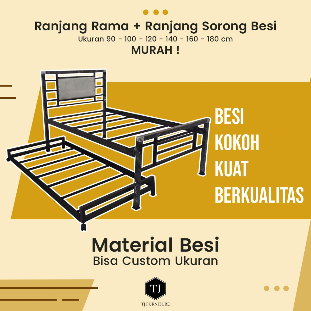 Ranjang Besi Rama + Sorong / Tempat Tidur / Divan / Single Bed Minimalis 90x200 cm