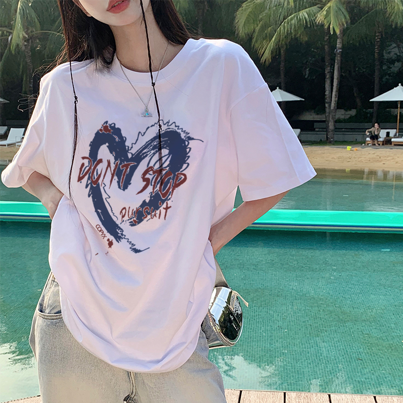 Print T-shirt Kaos Lengan Pendek Vintage Blue Heart Baju Wanita Oversize Korean Style