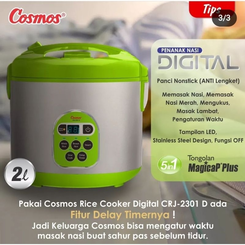 COSMOS CRJ-2301-D / CRJ 2301D Digital Rice Cooker 2L Non stick 5in1 GARANSI RESMI