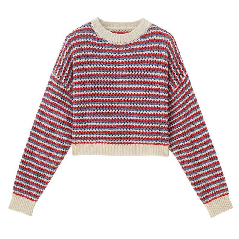 YIU YIU Rajut - Retro Sweater Crop Long Sleeve Import Stripes Baju Rajut Wanita Lengan Panjang