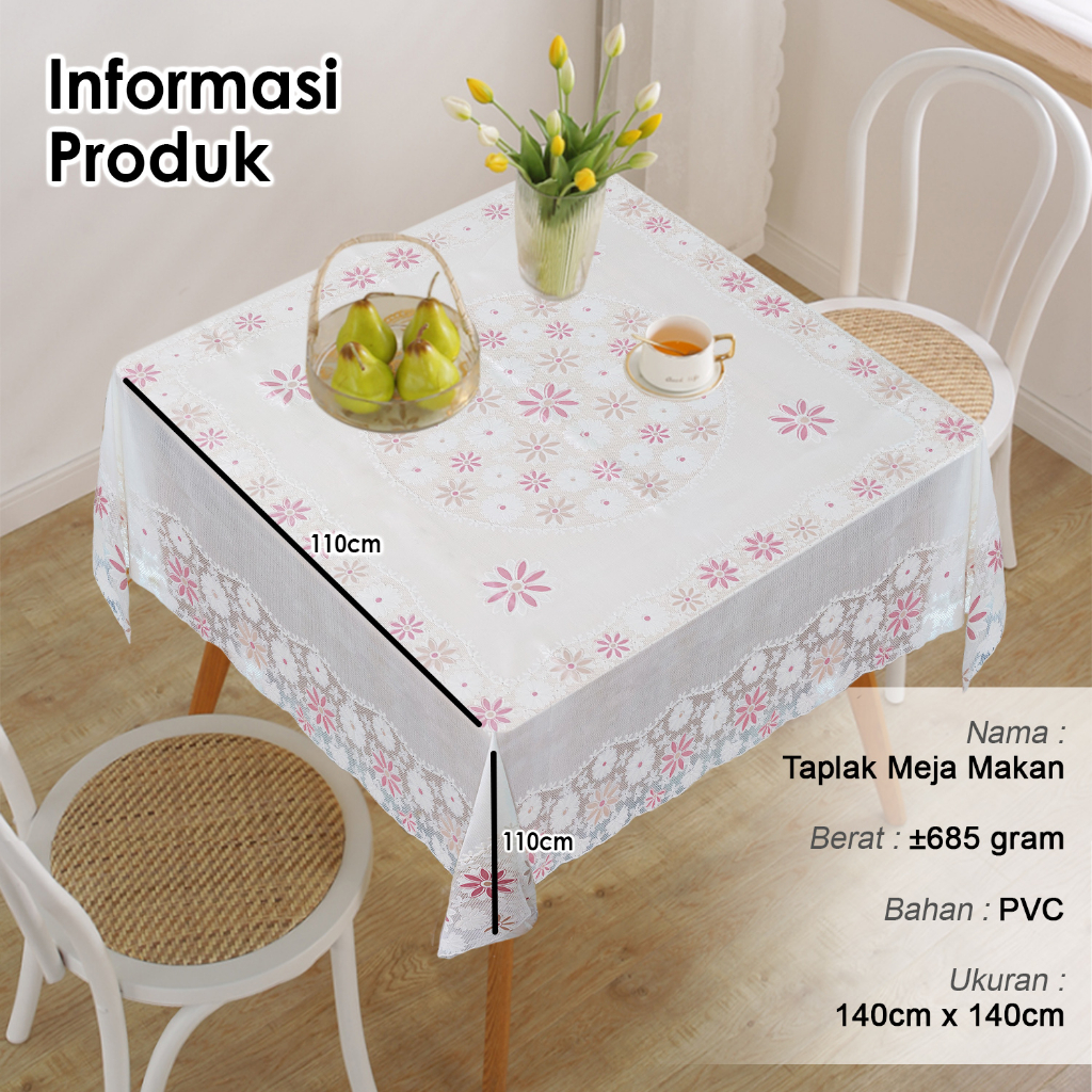 Taplak Meja Makan Persegi Motif Bunga Estetik Size 140x140cm Bahan PVC Tebal Premium Perlengkapan Dekorasi Rumah Tangga Import - D42-B - Comforthomes