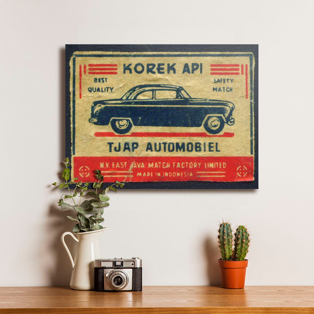 Poster Iklan Jadul Jaman Dulu Lucu Korek Api Tjap Auto Mobiel - Dekorasi Hiasan Dinding Kayu