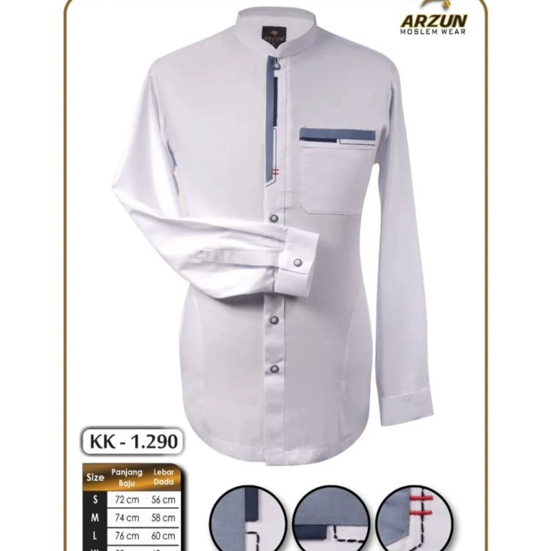 Busana Muslim Pria Koko Kemko Putih Tangan Panjang ARZUN Bahan Katun