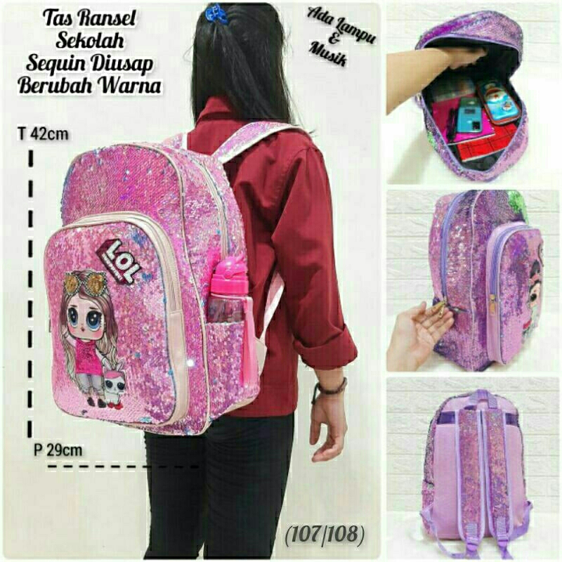 Tas Sequin Anak Perempuan LED + Musik / Tas Ransel Anak Sekolah TK SD