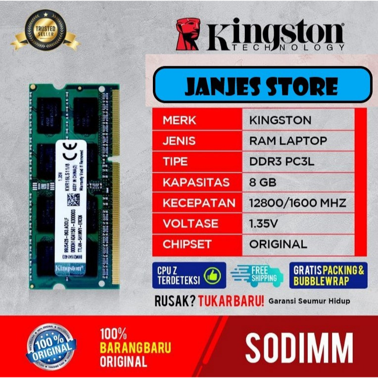 MEMORI SODIM KINGSTON DDR3 8GB PC 1333MHz / 1600 MHz - MEMORY LAPTOP DDR3 KINGSTON DDR3 4GB PC 12800