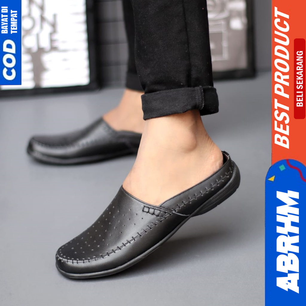 Sepatu Sandal Slop Pria Bustong Casual Kulit Asli Hitam Abrhm Calvin