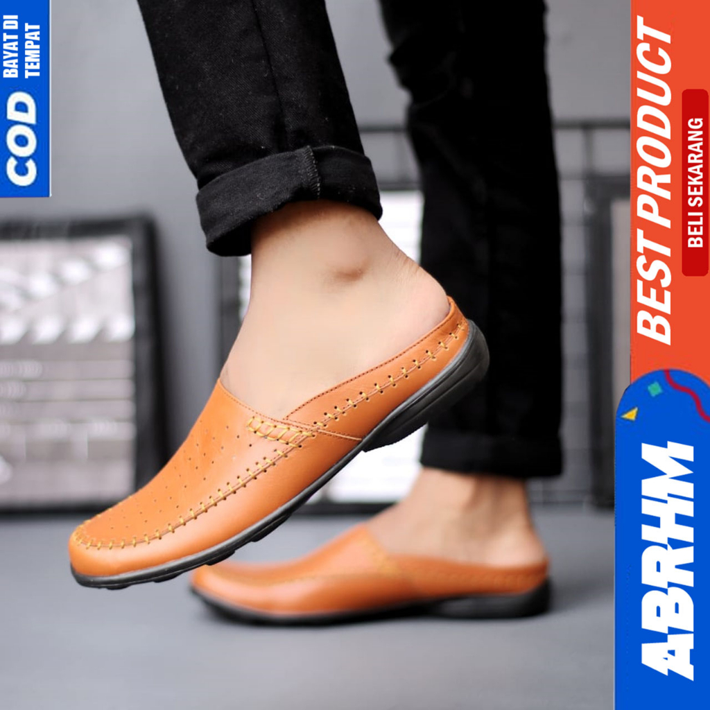 Sepatu Sandal Pria Slop Bustong Kulit Asli Selop Pria Abrhm Ervano