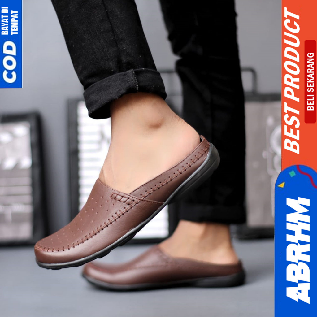 Sepatu Sandal Pria Slop Bustong Kulit Asli Selop Pria Abrhm Ervano