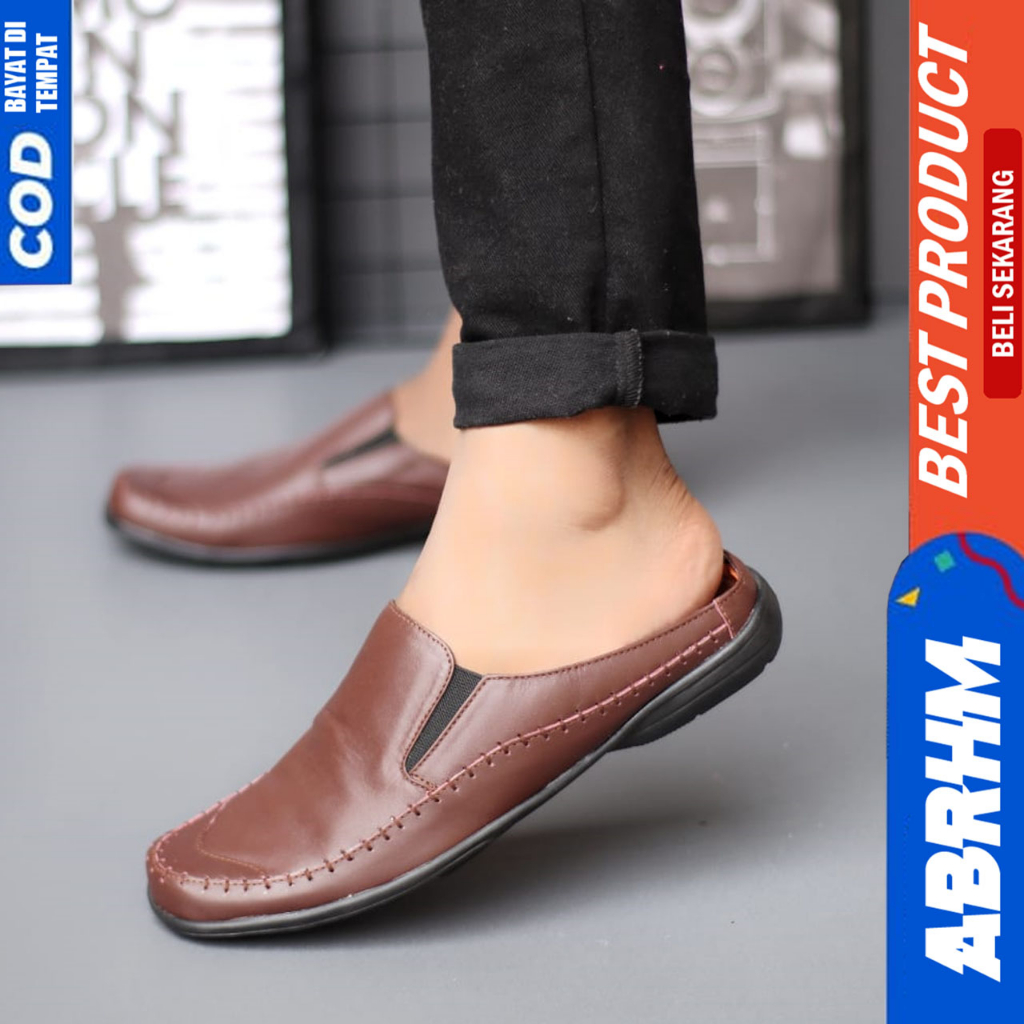 Sepatu Sandal Slop Pria Bustong Casual Kulit Asli Hitam Abrhm Calvin