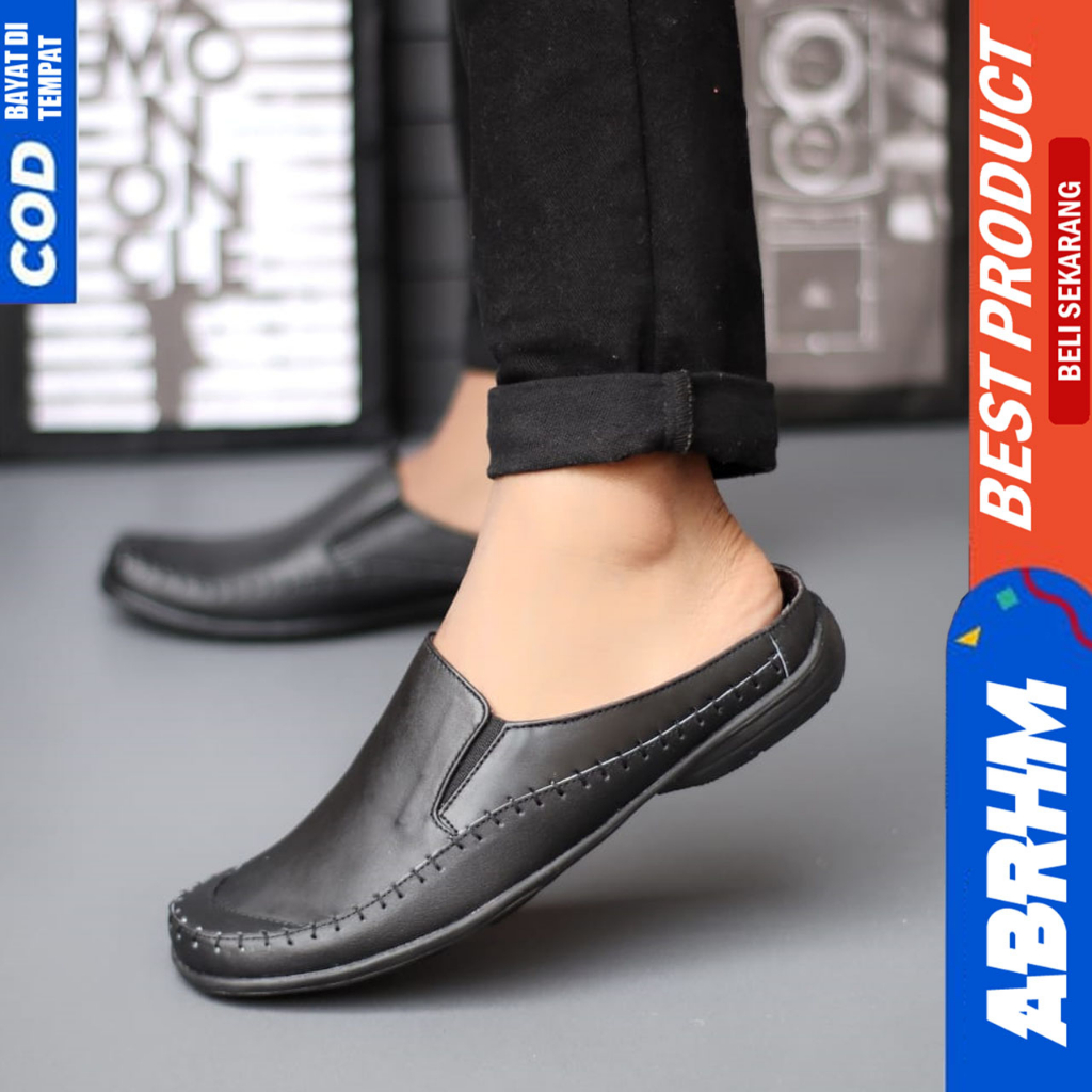 Sepatu Sandal Slop Pria Bustong Casual Kulit Asli Hitam Abrhm Calvin