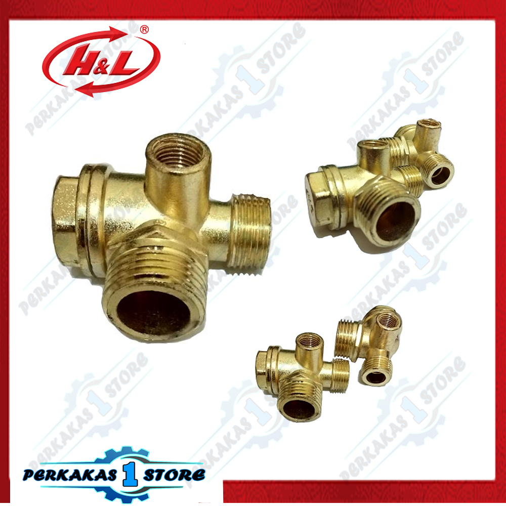 H&L Spare Part Nepel 3 Way Sambungan Tangki Kompresor Drat Dalam