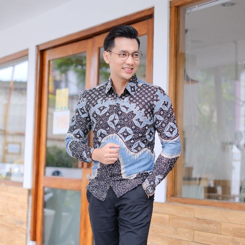 BATIK BOLO DEWO Motif Kawung Katresnan Kemeja Baju Batik Pria Lengan panjang Lapis furing Hem Atasan