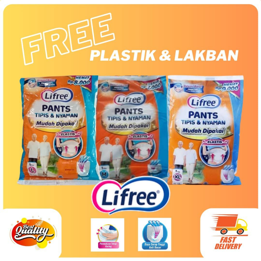 DISTRIBUTOR UNICHARM LIFREE PANTS POPOK TIPE CELANA / POPOK MELAHIRKAN / PERSALINAN DEWASA / LANSIA SACHET SATUAN [Size : M/L/XL per 1 Sachet] TERMURAH PROMO