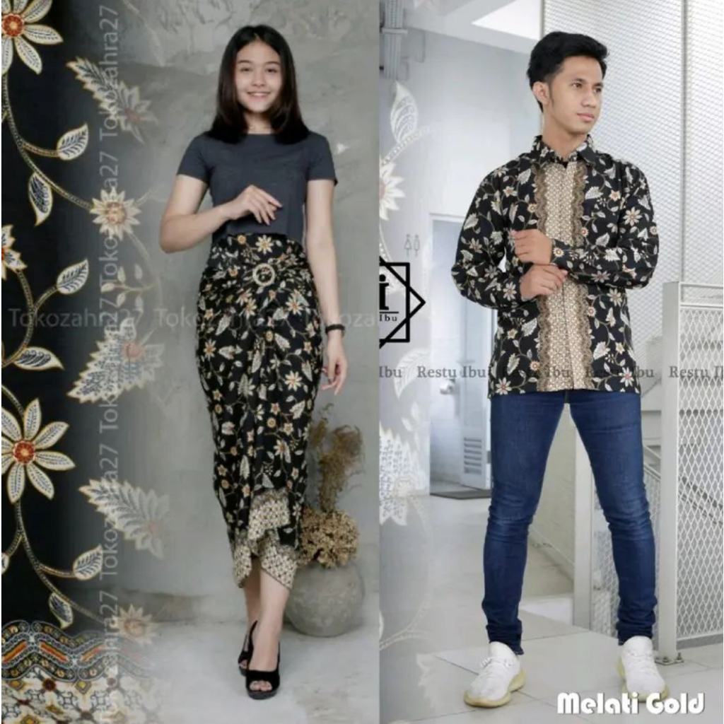 Couple Rok Lilit Dan Kemeja Batik Bahan Premium Tebal Motif Melati Gold