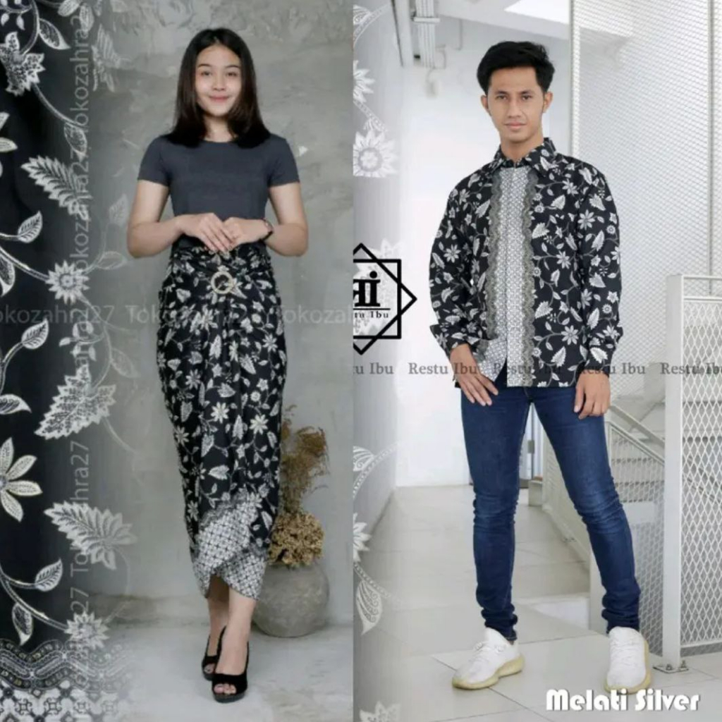 Couple Rok Lilit Dan Kemeja Batik Bahan Premium Tebal Motif Melati Silver