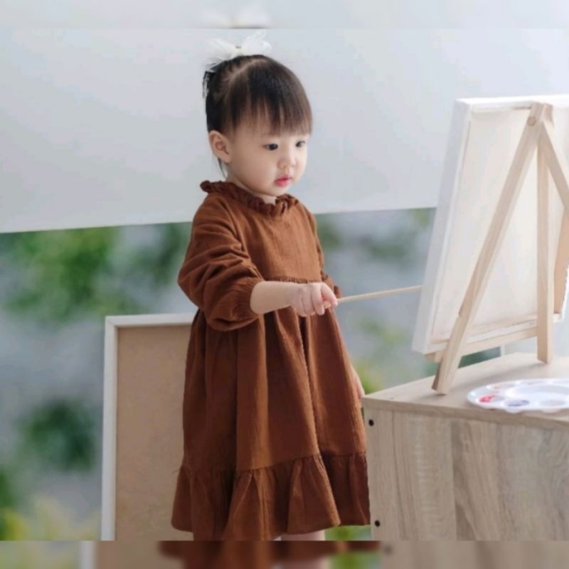 BAJU GAMIS ANAK PEREMPUAN TANGAN PANJANG PREMIUM CRINKLE LINEN