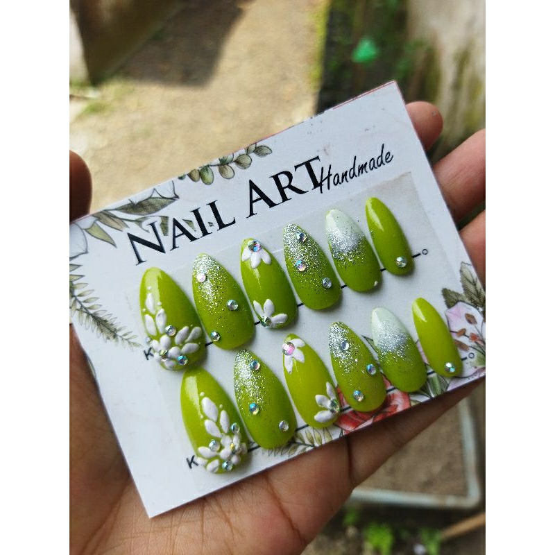 NAIL ART WEDDING HIJAU 12 PCS LENGKAP DGN LEM