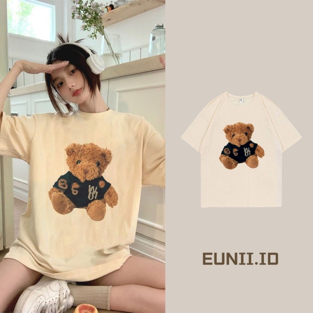 EUNII T-shirt Lengan Pendek Cute Teddy Bear Korean Style/Kaos Atasan Wanita/Baju Kaus Oversize Wanita/Kaos Wanita